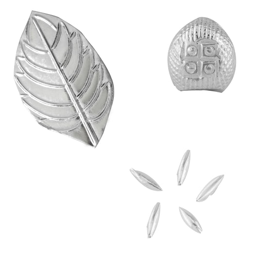 97%-99% Pure Silver Puja, Pooja Item Set | Combo of Tulsi Paan(Basin), Supari and 5 pcs of Rice(Akshat) for Puja, Gift and Mandir | Silver, Set of 3 Items