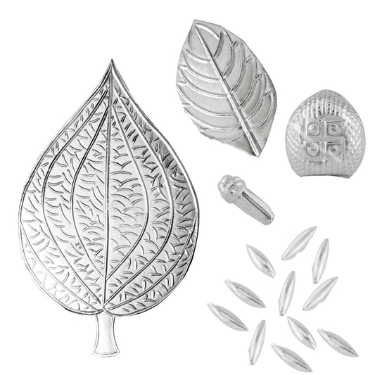 97%-99% Pure Silver Puja Pooja Item Set | Combo of Tulsi Paan (Basil), Pipal Paan, Supari, Laung (Clove) and 11 pcs of Rice (Akshat) for Puja, Gift and Mandir | Silver, Set of 5 Items