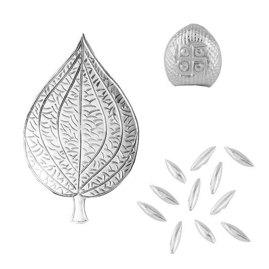 97%-99% Pure Silver Puja, Pooja Item Set | Combo of Pipal Paan, Supari and 11 pcs of Rice(Akshat) for Puja, Gift and Mandir | Silver, Set of 3 Items
