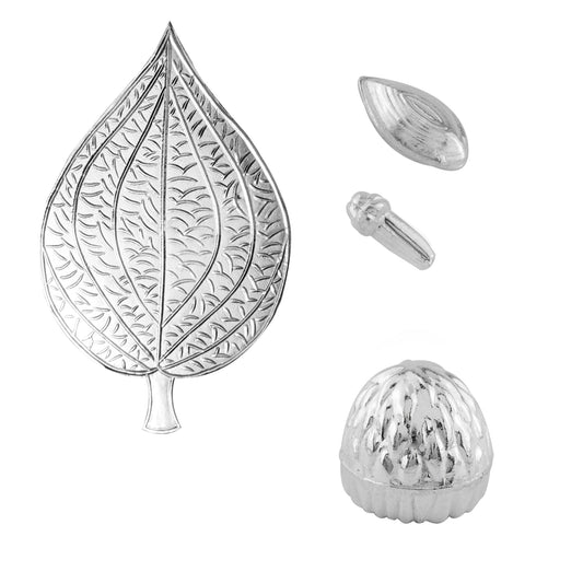 97%-99% Pure Silver Puja, Pooja Item Set | Combo of Pipal Paan, Laung (Clove), Elaichi(Cardamom) and Supari for Puja, Gift and Mandir | Silver, Set of 4 Items