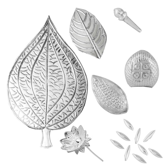 97%-99% Pure Silver Puja, Pooja Item Set | Combo of Pipal Paan, Tulsi, Laung (Clove), Supari, Flower, Badam(Almonds) and 9 pcs of Rice for Puja, Gift and Mandir | Silver, Set of 7 Items