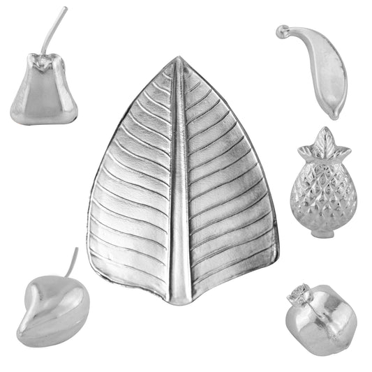 97%-99% Pure Silver Puja, Pooja Item Set | Combo of Banana Leaf and 5 Fruits (Banana, Mango, Pineapple, Pomegranate and Pear) for Puja, Gift and Mandir | Silver, Set of 6 Items
