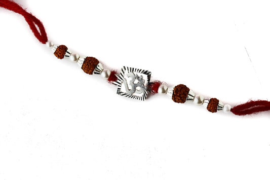 Traditional Silver Rakhi with  Square Om Motif - White background