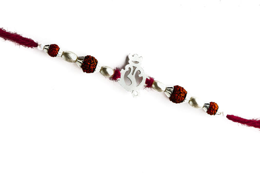 Traditional Silver Rakhi with Om Design Motif - White background