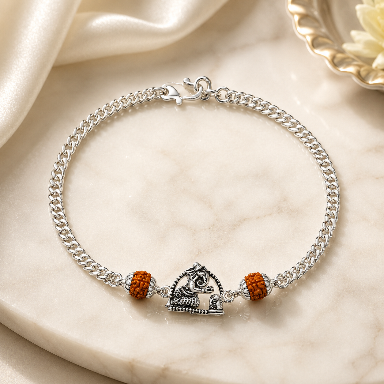Pure Silver Rudraksha Rakhi for Brother with Chain | Design: Ganesha (RKH-RMR-60)