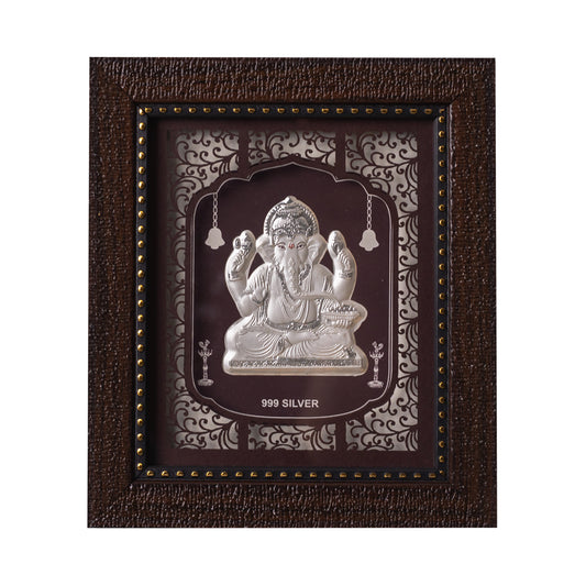 "Front view of exquisite 7.5x6.5 inch 999 pure silver Ganesh frame by Hem Jewels®."