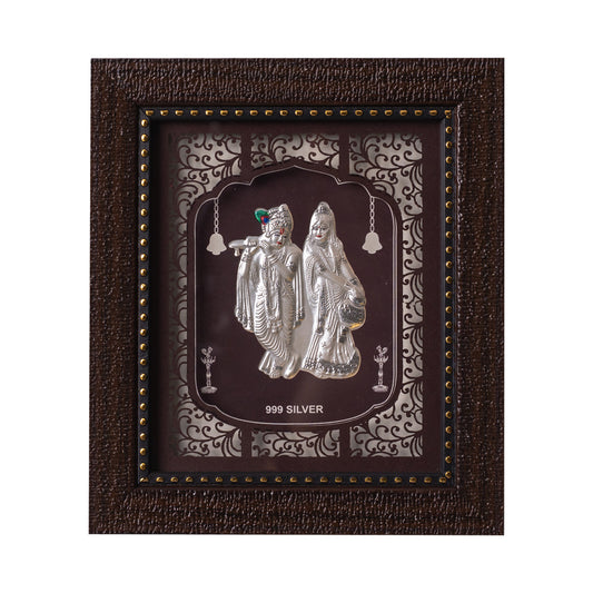 "Front view of exquisite 7.5x6.5 inch 999 pure silver Radhe Krishna frame by Hem Jewels®."	