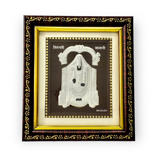 "Front view of exquisite 5x6 inch 999 pure silver Tirupathi Balaji frame by Hem Jewels®."	