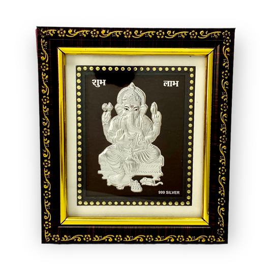 "Front view of exquisite 5x6 inch 999 pure silver Ganesh frame by Hem Jewels®."