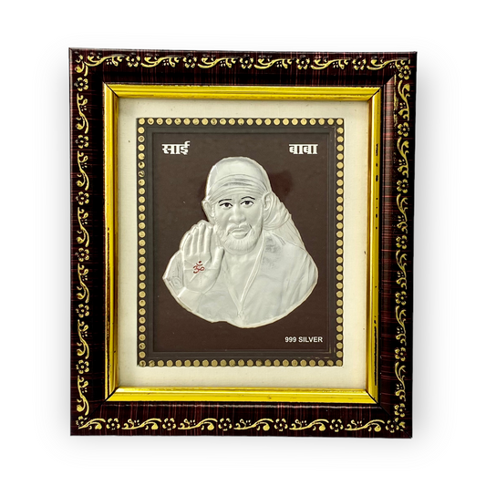"Front view of exquisite 5x6 inch 999 pure silver Sai Baba frame by Hem Jewels®."	