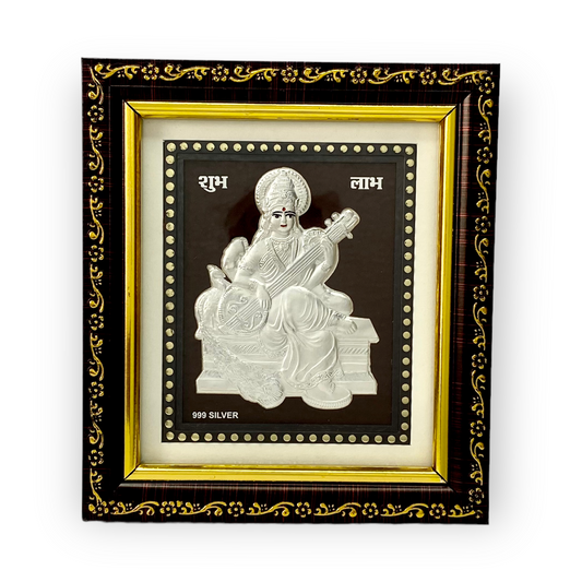 "Front view of exquisite 5x6 inch 999 pure silver Saraswati frame by Hem Jewels®."	