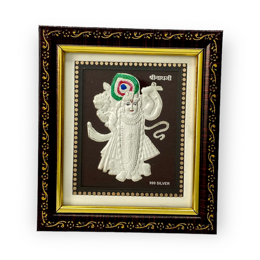 "Front view of exquisite 5x6 inch 999 pure silver Shreenathji frame by Hem Jewels®."	