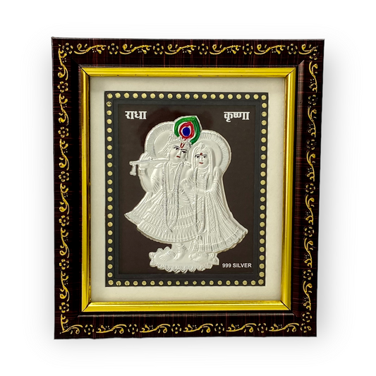 "Front view of exquisite 5x6 inch 999 pure silver Radhe Krishna frame by Hem Jewels®."