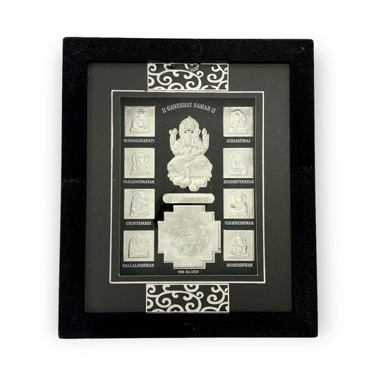 " ®." Front view of exquisite 7x5 inch 999 pure silver  Asthavinayak frame by Hem Jewels	