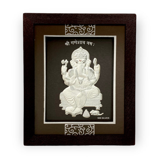 "Front view of exquisite 7x5 inch 999 pure silver Ganesh frame by Hem Jewels®."