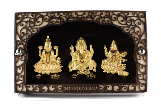 24k Pure Gold Foil Trimurti (Ganesh Laxmi Saraswati) Frame - 5x3 Inches