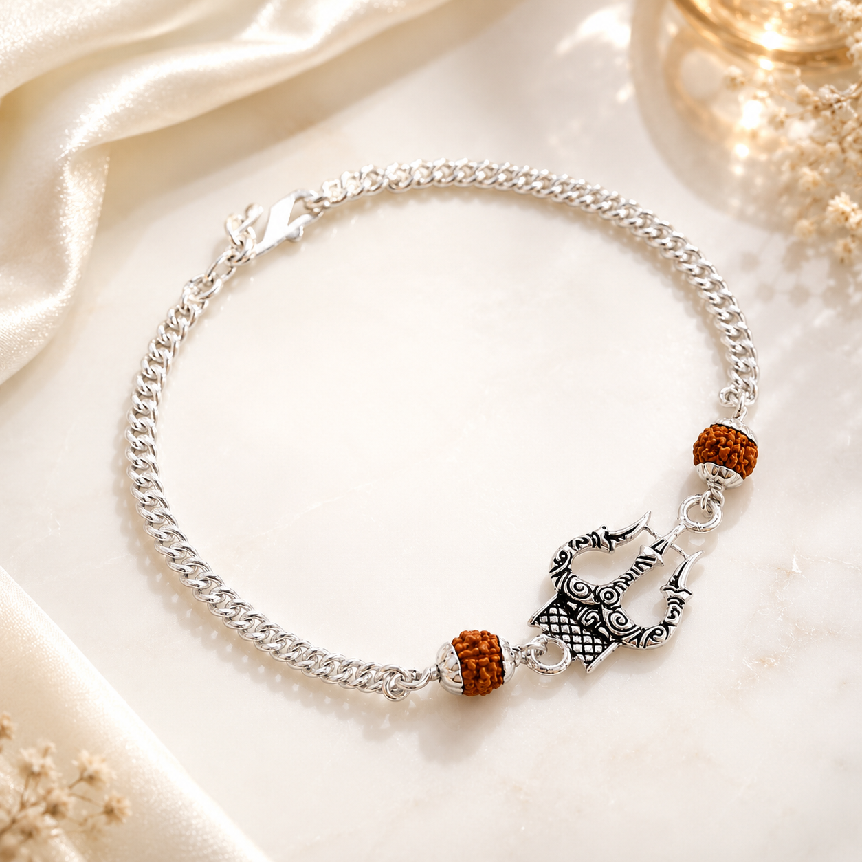 Pure Silver Rudraksha Rakhi for Brother with Chain | Design: Trishul (RKH-RMR-49)