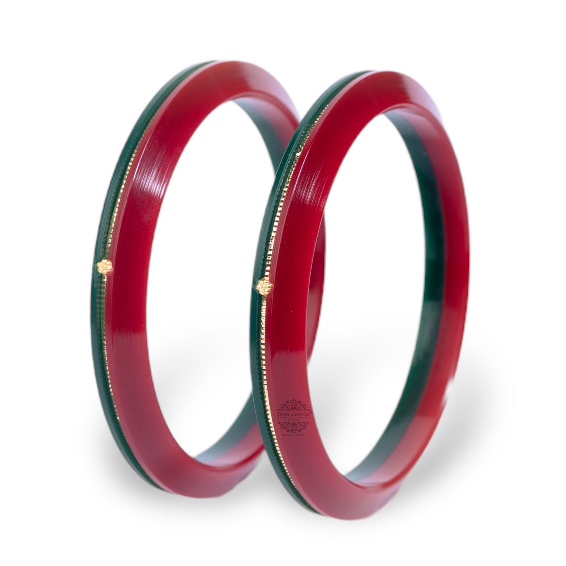 22kt 916 Yellow Gold Pola Bangles for Women with Purity Certificate Red Green Set of 2pcs 6mm Broad