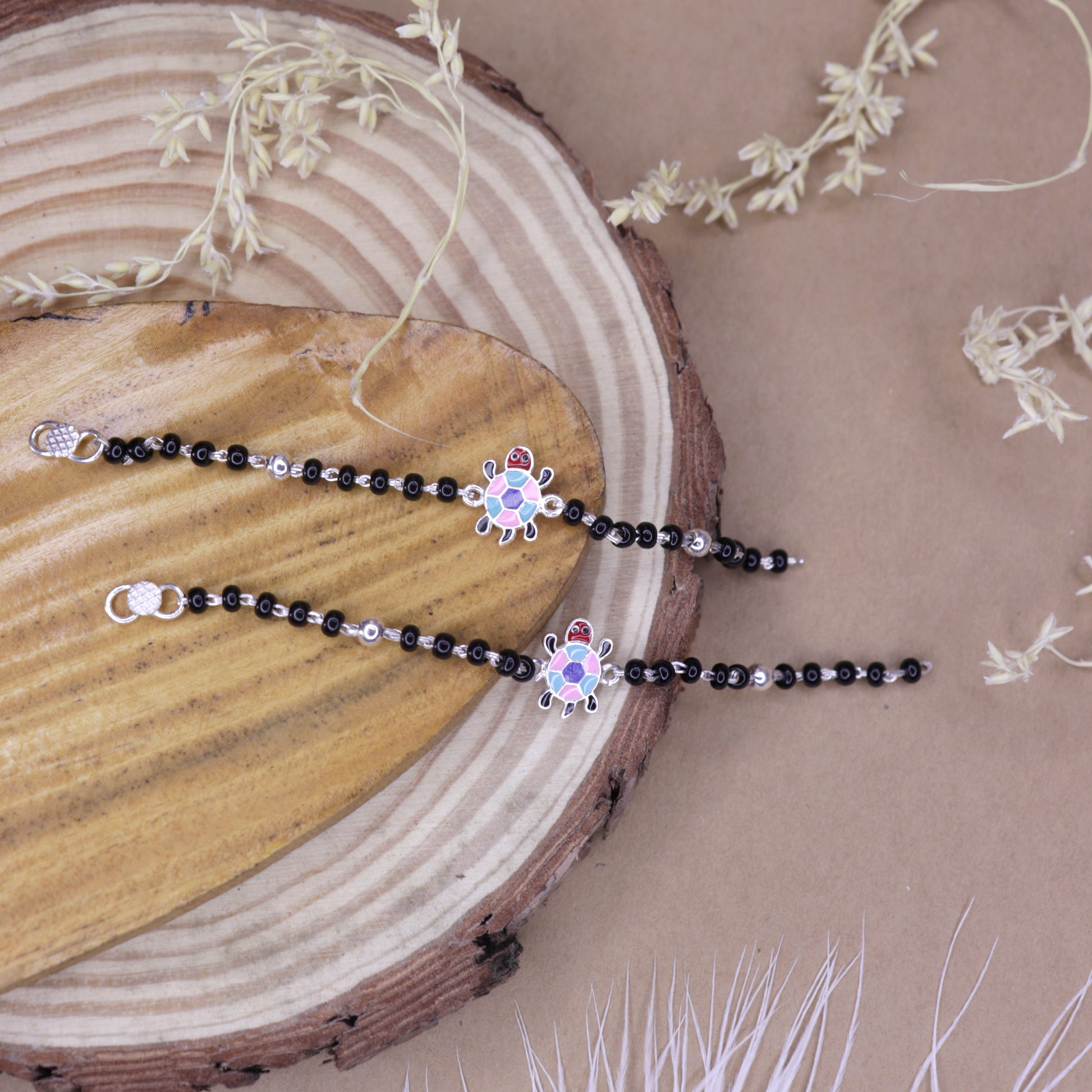 Hem Jewels Pure Silver Baby Nazariya with Happy Feet Charm and Black Beads Bracelet for New Born Baby Boy Girl (Length Inch) (Age 0-24 month)