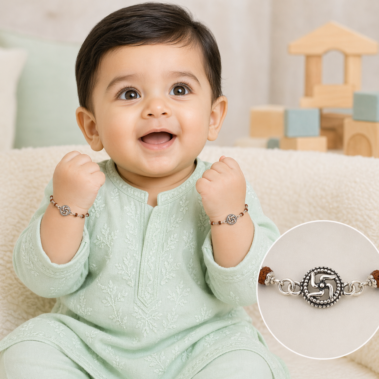 925 Sterling Silver Rudraksha  swastika baby Nazariya (0-2 years)