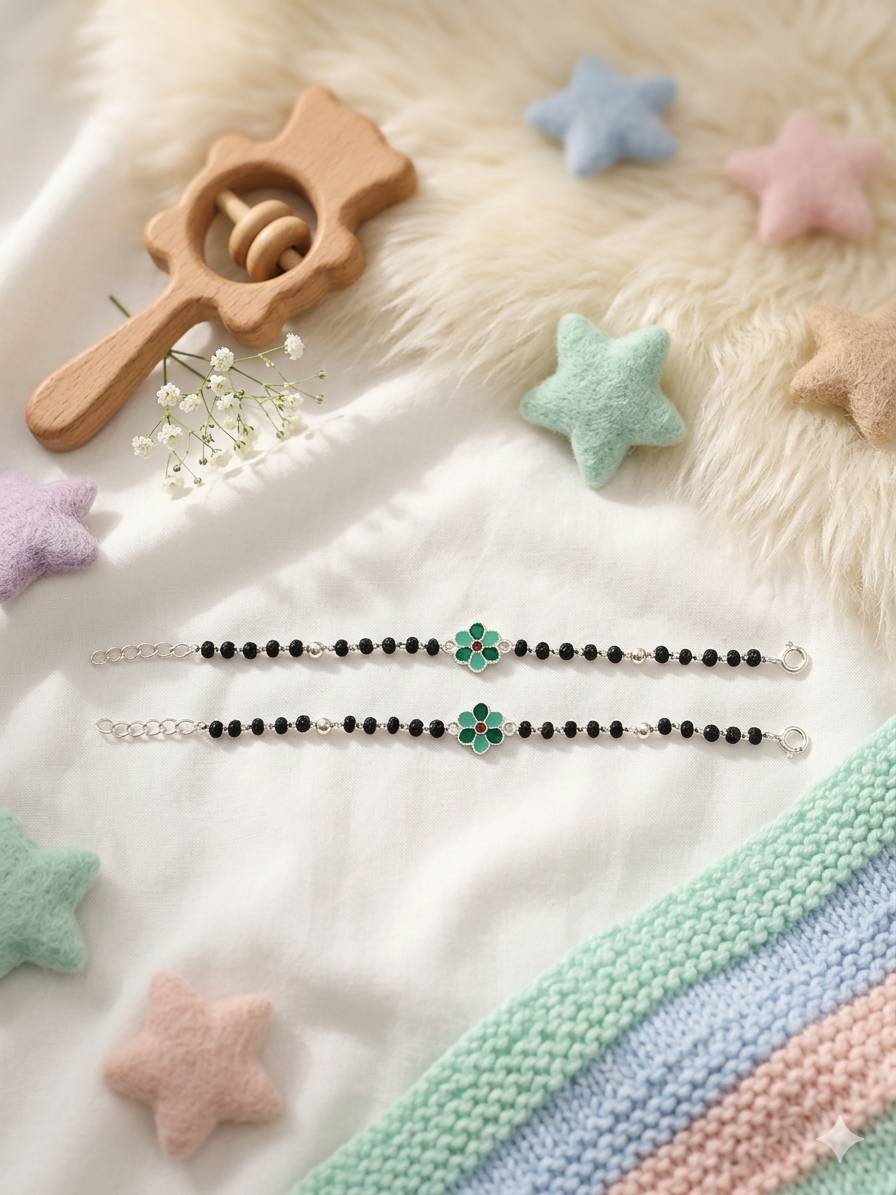 925 Sterling Silver Green Flower Enamel baby Nazariya (0-2 years)