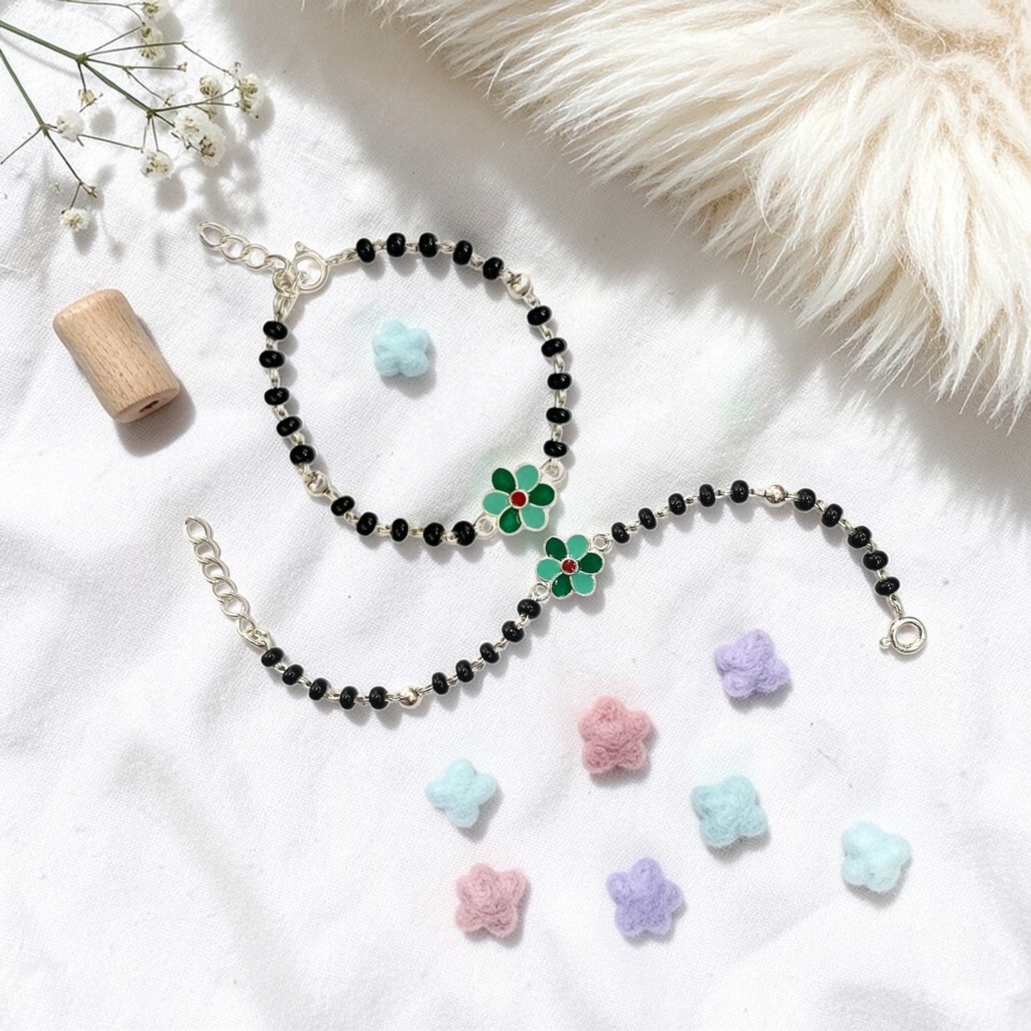 925 Sterling Silver Green Flower Enamel baby Nazariya (0-2 years)