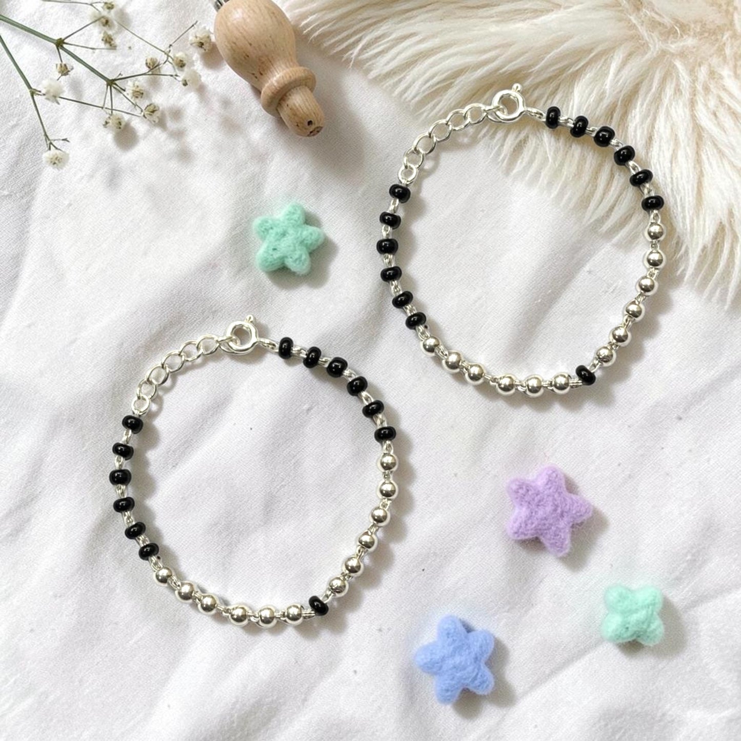 925 Sterling Silver Black & Silver Beaded baby Nazariya (0-2 years)