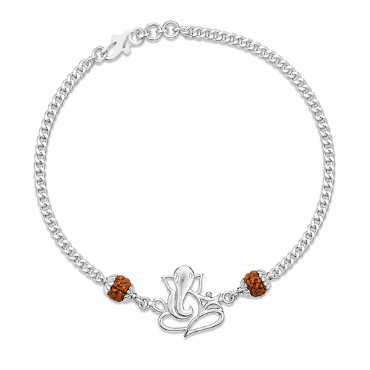 Pure Silver Rudraksha Rakhi for Brother with Chain | Design: Ganesh (RKH-RMR-43)