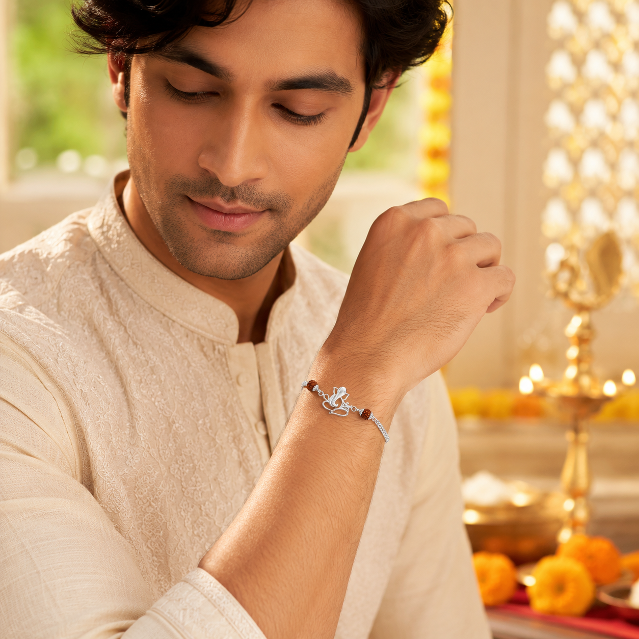Pure Silver Rudraksha Rakhi for Brother with Chain | Design: Ganesh (RKH-RMR-43)