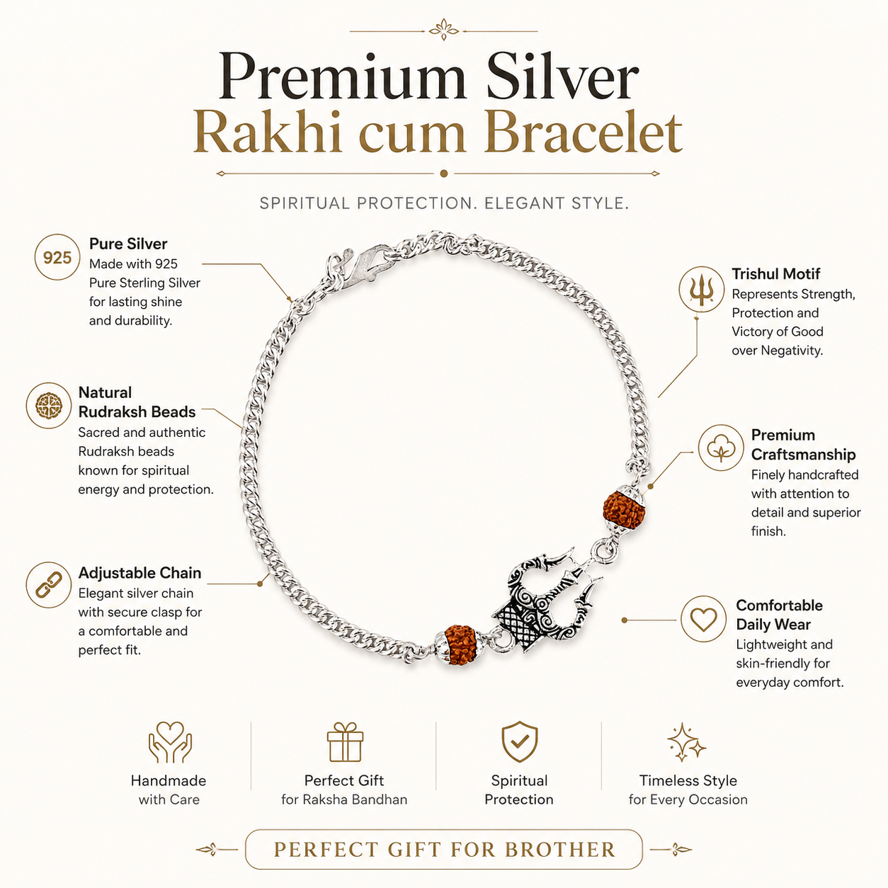 Pure Silver Rudraksha Rakhi for Brother with Chain | Design: Trishul (RKH-RMR-49)