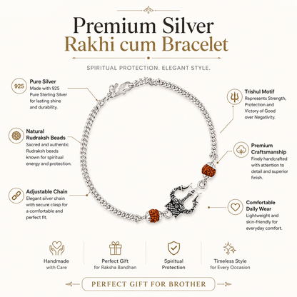 Pure Silver Rudraksha Rakhi for Brother with Chain | Design: Trishul (RKH-RMR-49)