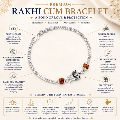 Pure Silver Rudraksha Rakhi for Brother with Chain | Design: Trident (RKH-RMR-50)