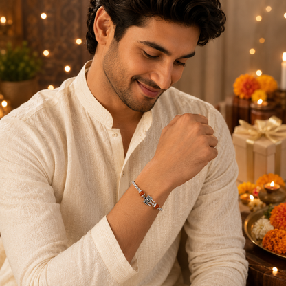 Pure Silver Rudraksha Rakhi for Brother with Chain | Design: Trident (RKH-RMR-50)