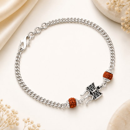 Pure Silver Rudraksha Rakhi for Brother with Chain | Design: Trident (RKH-RMR-50)