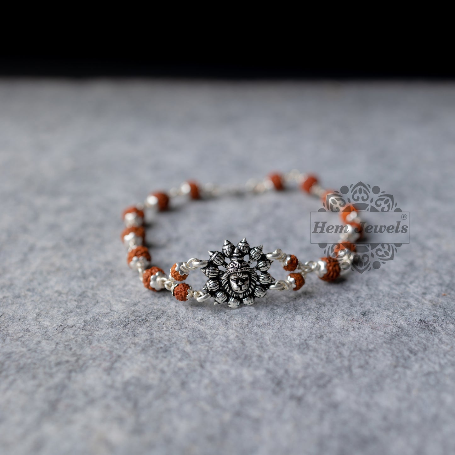 Silver Rudraksha Rakhi with Hanuman Motif - Top View