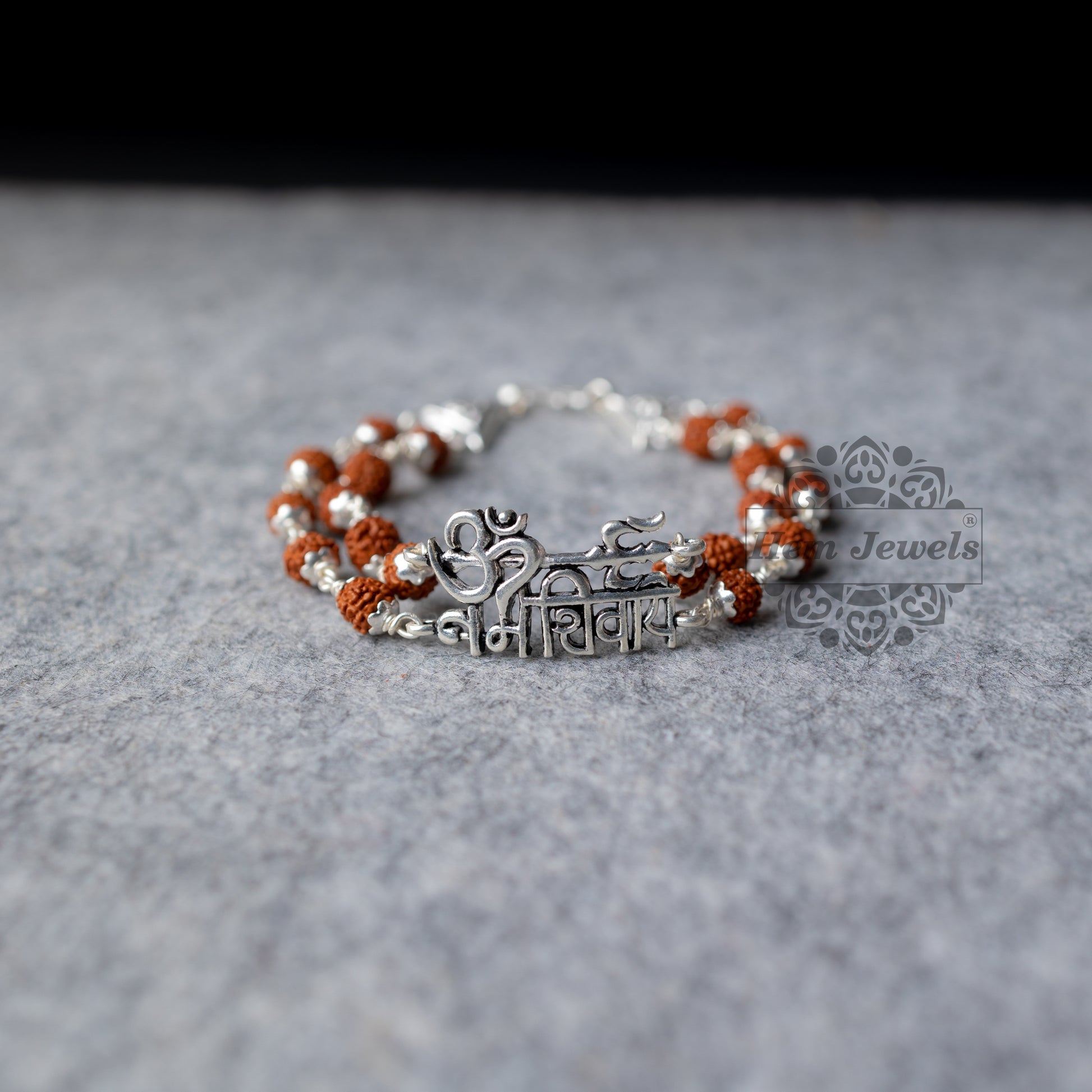 Silver Rudraksha Rakhi with Om Trishul Motif - Top View